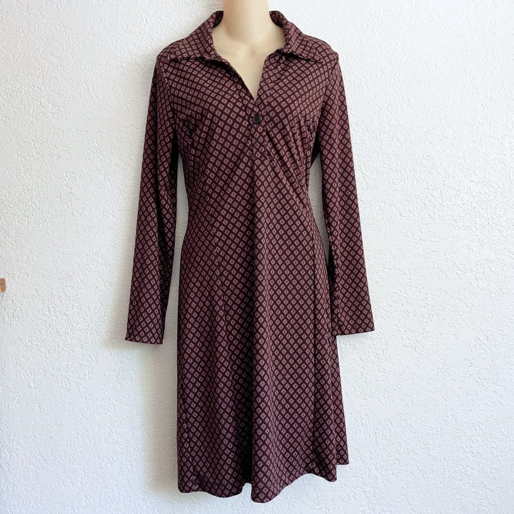 Vintage Y2K BCBG Sheath Shift Print Black Shirt Midi Dress MEDIUM Long Sleeve